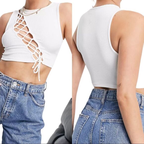 Bershka Asymmetric Lace Up Cropped Tank in Cream - Picture 1 of 7